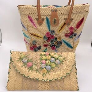 Women’s Vintage 1960 straw‎ handbag Hawaiian wicker purse & Clutch set handmade